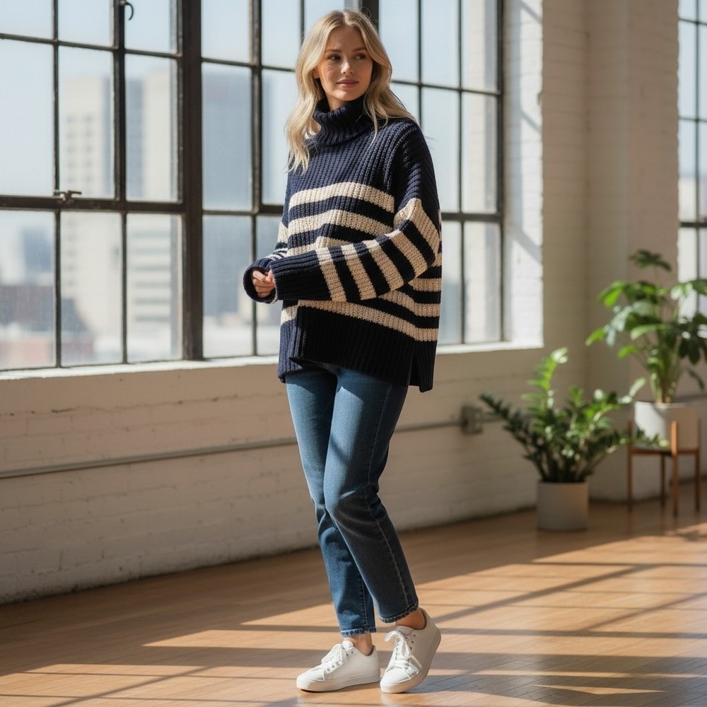 Madewell Wide Rib Turtleneck Sweater Blue Nautical Shaker Stitch N0064 Womens M